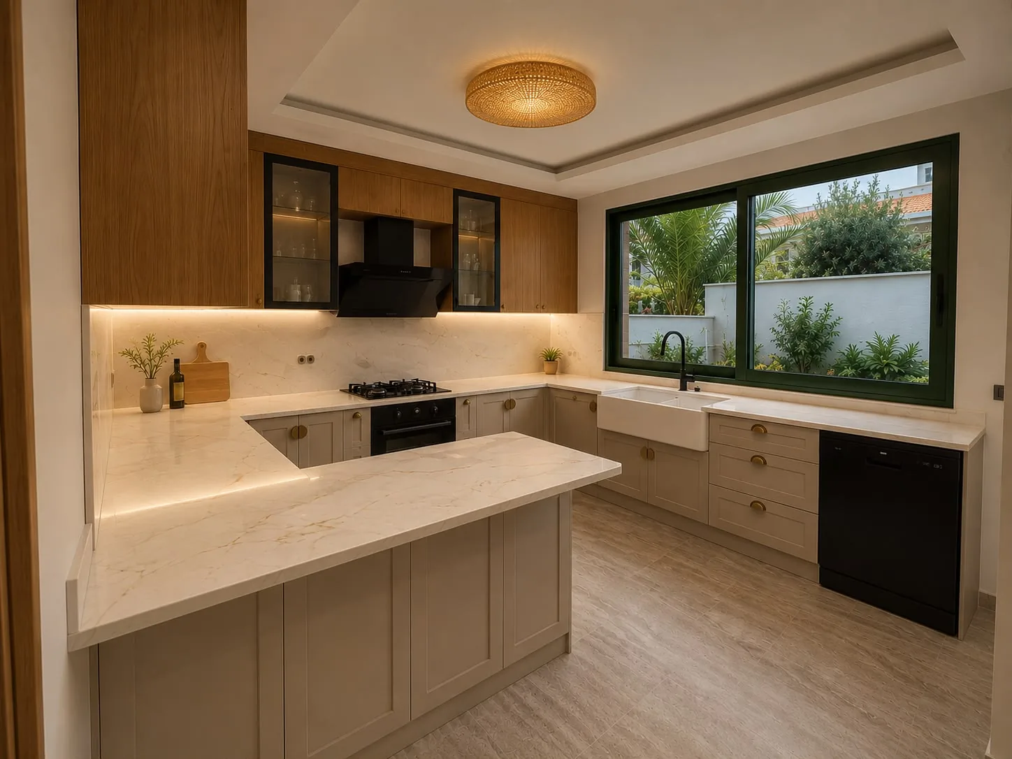 The Villa Dia kitchen: marble counters, oak cabinetry and recessed lighting